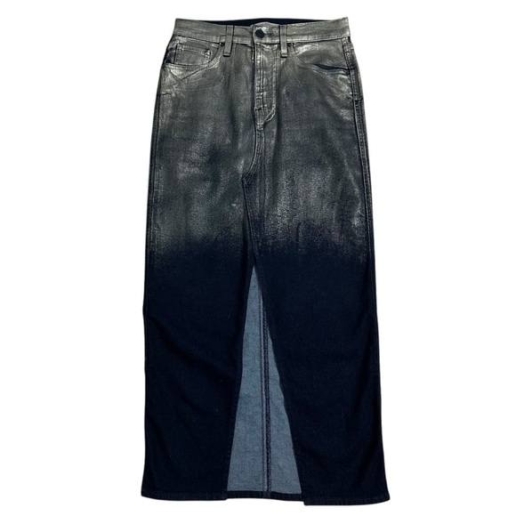 Hudson Denim Midi Skirt Jean Reconstructed Metallic Silver Blue Cotton Size 28 - Picture 3 of 8